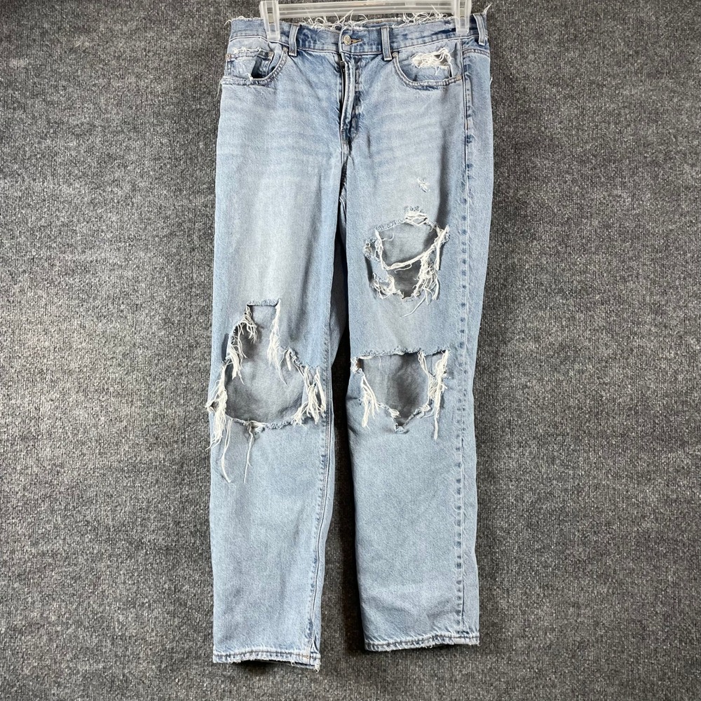 American Eagle Jeans Womens 12 Light Wash 90s Straight Distressed Ripped Denim